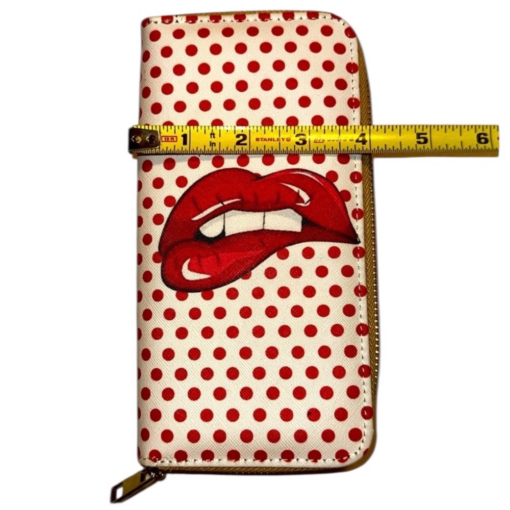 Red polka dot wallet zip around. Reminds me of Rolling Stones Album Cover. - Picture 8 of 8